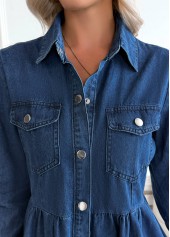 Tummy Coverage Denim Blue Long Sleeve Shirt Collar Dress