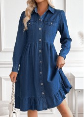 Tummy Coverage Denim Blue Long Sleeve Shirt Collar Dress