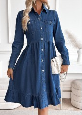 Tummy Coverage Denim Blue Long Sleeve Shirt Collar Dress