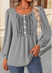 Plaid Frill Black Long Sleeve Round Neck Blouse