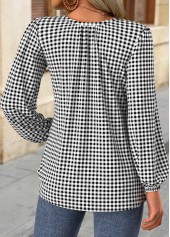 Plaid Frill Black Long Sleeve Round Neck Blouse
