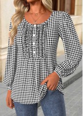 Plaid Frill Black Long Sleeve Round Neck Blouse