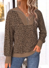 Animal Print Zipper Dark Coffee Long Sleeve Sweatshirt