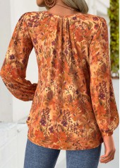 Floral Print Frill Terracotta Long Sleeve Round Neck Blouse