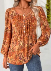 Floral Print Frill Terracotta Long Sleeve Round Neck Blouse