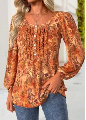 Floral Print Frill Terracotta Long Sleeve Round Neck Blouse