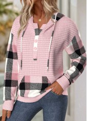 Plaid Tummy Coverage Light Pink Long Sleeve Hoodie