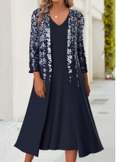 Floral Print Tummy Coverage Dark Blue Dress and Cardigan