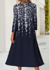 Floral Print Tummy Coverage Dark Blue Dress and Cardigan