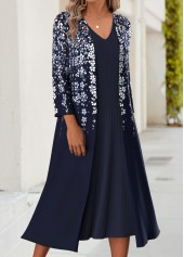 Floral Print Tummy Coverage Dark Blue Dress and Cardigan
