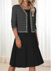Plaid Tummy Coverage Black Long Sleeve Dress and Cardigan