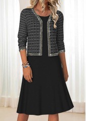 Plaid Tummy Coverage Black Long Sleeve Dress and Cardigan