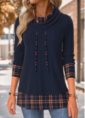 Plaid Tummy Coverage Navy Long Sleeve Cowl Neck Sweatshirt