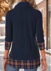 Plaid Tummy Coverage Navy Long Sleeve Cowl Neck Sweatshirt