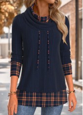 Plaid Tummy Coverage Navy Long Sleeve Cowl Neck Sweatshirt
