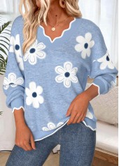 Floral Print Scalloped Hem Dusty Blue Long Sleeve Sweatshirt