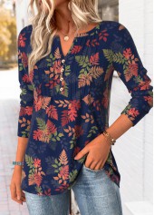 Plus Size Navy Tummy Coverage Leaf Print T Shirt