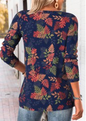 Plus Size Navy Tummy Coverage Leaf Print T Shirt