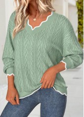 Scalloped Hem Sage Green Long Sleeve V Neck Sweatshirt