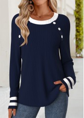 Striped Tummy Coverage Navy Long Sleeve T Shirt