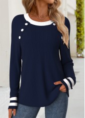 Striped Tummy Coverage Navy Long Sleeve T Shirt