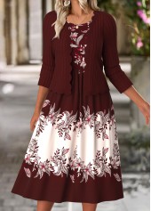 Floral Print Tummy Coverage Wine Red Dress and Cardigan