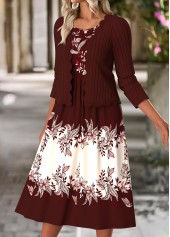 Floral Print Tummy Coverage Wine Red Dress and Cardigan
