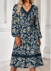 Tribal Print Tummy Coverage Blue Long Sleeve Dress