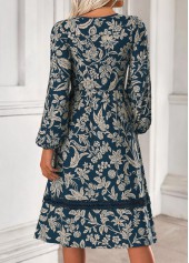 Tribal Print Tummy Coverage Blue Long Sleeve Dress