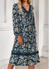 Tribal Print Tummy Coverage Blue Long Sleeve Dress