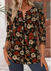 Floral Print Tummy Coverage Black Long Sleeve Blouse
