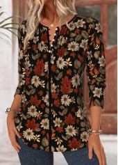 Floral Print Tummy Coverage Black Long Sleeve Blouse
