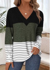 Striped Tummy Coverage Olive Green Long Sleeve T Shirt