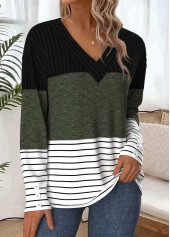 Striped Tummy Coverage Olive Green Long Sleeve T Shirt