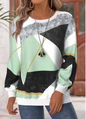 Geometric Print Tummy Coverage Mint Green Long Sleeve Sweatshirt