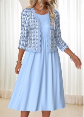 Plaid Tummy Coverage Blue Long Sleeve Dress and Cardigan