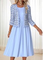 Plaid Tummy Coverage Blue Long Sleeve Dress and Cardigan