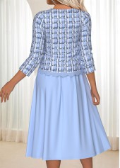 Plaid Tummy Coverage Blue Long Sleeve Dress and Cardigan