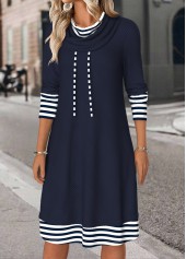 Striped Tummy Coverage Navy Long Sleeve Cowl Neck Dress