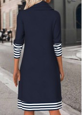 Striped Tummy Coverage Navy Long Sleeve Cowl Neck Dress