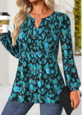 Floral Print Peplum Mint Green Long Sleeve Split Neck Blouse