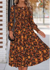 Floral Print Tummy Coverage Orange Long Sleeve Dress