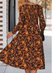 Floral Print Tummy Coverage Orange Long Sleeve Dress