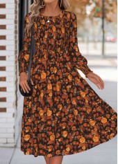 Floral Print Tummy Coverage Orange Long Sleeve Dress