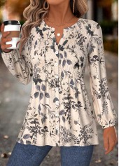 Leaf Print Peplum Beige Long Sleeve Split Neck Blouse