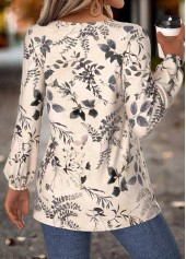 Leaf Print Peplum Beige Long Sleeve Split Neck Blouse