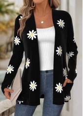 Floral Print Tummy Coverage Black Long Sleeve Coat