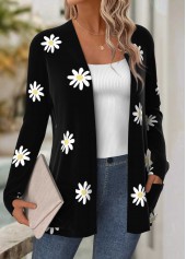 Floral Print Tummy Coverage Black Long Sleeve Coat