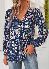 Floral Print Tummy Coverage Navy Long Sleeve Blouse