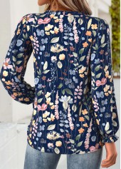 Floral Print Tummy Coverage Navy Long Sleeve Blouse